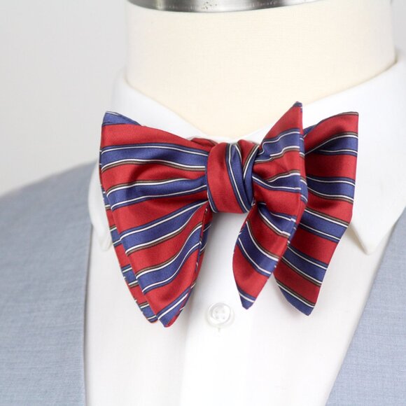 Men's Self-tied Bow Tie 100%Silk Big Butterfly Red Blue Stripe S728 - Picture 2 of 8
